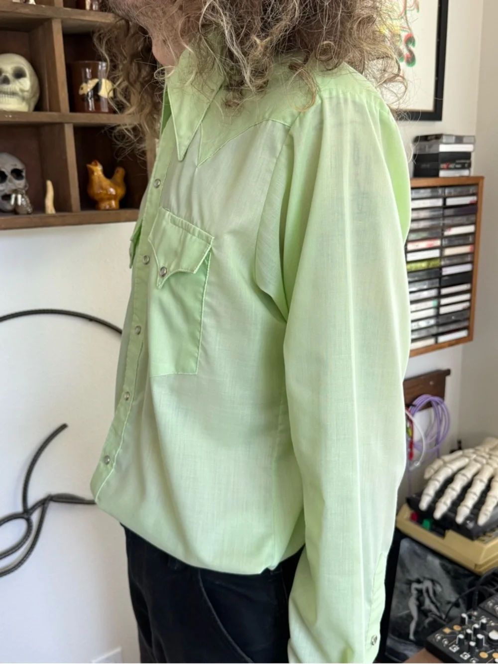 Vintage 60s Lime Green Pearl Snap Semi Sheer Spear Collar Western ~ Size Medium - Picture 3 of 8